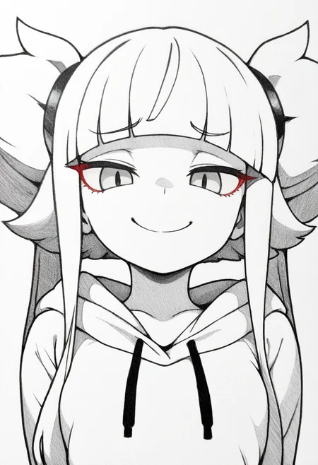 best quality, amazing quality, very aesthetic, absurdres,
monochrome, traditional media, spot color, greyscale,
BREAK
1girl, althea, blunt bangs, twintails, long hair,
solo, closeup, smug, looking at viewer, white hoodie, upper body, close-up, white background,
<lora:AltheaNoobXL_byKonan:1>,    <lora:CellldrawzzNoob_byKonan:1>