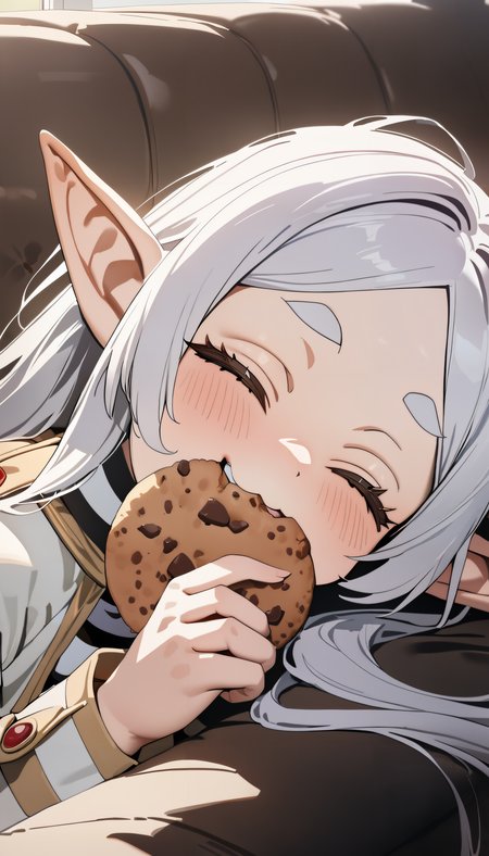 1girl, frieren, sousou no frieren, 
eating a chocolate chip cookie,
couch, on couch,
very long hair, pointy ears, 
happy, = =, o3o, :3, closed eyes, 
highly detailed,
close-up,
masterpiece, best quality, newest, absurdres, 8k, Ultra HD, real, photorealism