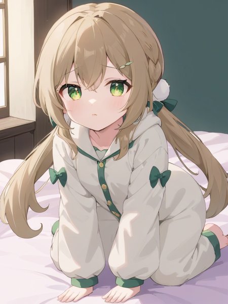 <lora:xl_ééæµè¯0.6æ­£å+å¤ç´ æ-000014:0.9>,qingque girl,low twintails,green eyes,light brown hair,fluffy animal kigurumi pajamas
