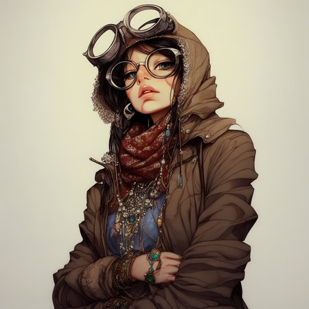 looking up, glasses, hood, boots, jacket, shirt, portrait, jewelry, traditional media