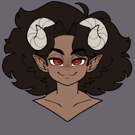 masterpiece, best quality, good anatomy, detailed face, detailed eyes, 
solo, 1boy, dio_(megokinho), dark skinned male, goat horns, pointy ears, horizontal pupils, red eyes, upper body portrait, smile, looking at viewer