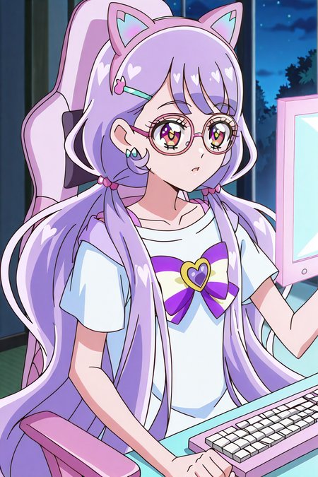 shiny skin, posing,
<lora:wonpri.il:1>,
wonpri,
gaming chair, monitor, 
night, shirt,, (purple hair:1.2), very long hair, low pigtails,
red eyes, glasses, hairpin, cat headphones,  
hairpin,