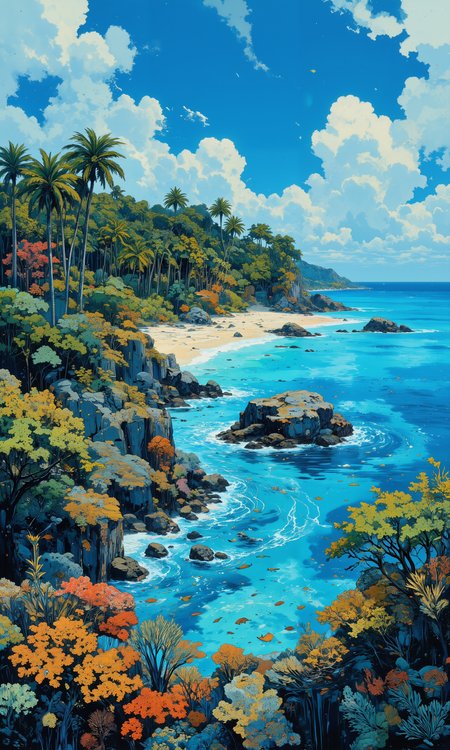 pristine tropical island, crystal-clear azure waters, powdery white sand beaches, lush palm tree forest, vibrant coral reef teeming with colorful fish, turquoise lagoons, serene natural setting, ethereal sunrise casting warm golden light, tranquil atmosphere, fine intricate details, virgin ecosystems, untouched wilderness, 8k resolution, masterpiece of natural beauty, harmonious landscape, aerial perspective <lora:NeonFantasyPrimeFLUX-000049:0.6> <lora:Blue_Future:0.8> <lora:Memadukan_Brush_Strokes_of_Fineart:0.7> <lora:Comic book V2:0.5> <lora:flux_dev:1>