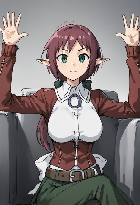 1girl, solo, sardiakamoshirenai, purple hair, ponytail, green eyes, pointy ears, large breasts, white shirt, collared shirt, hair bow, pendant, red jacket, partially open jacket, long sleeves, belt, green skirt, long skirt, score_9, score_8_up, BREAK, hands up, upper body, monochrome, greyscale, sitting, crossed legs,
