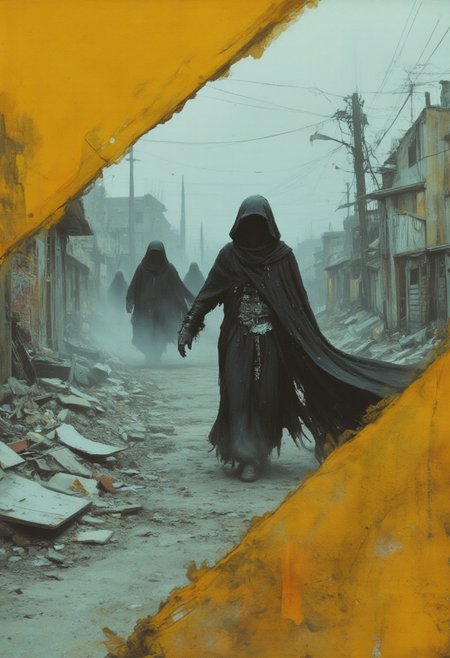 yellow ochre stripe, Ghostly spectres with no faces, in dynamic action pose, motion blur indicating swift movement, draped in avant-garde garments symbolizing high fashion, seen through the distorted perspective of a dilapidated environment suggesting poverty and abandonment, evoking a sense of an influencer's ethereal presence in the gutter of society, broken glass fracturing the image, ethereal glow, tattered fabrics, sharp contrasts between opulence and decay, ultra-realistic, haunting digital painting.<lora:L10N><lora:Blank_MJ>