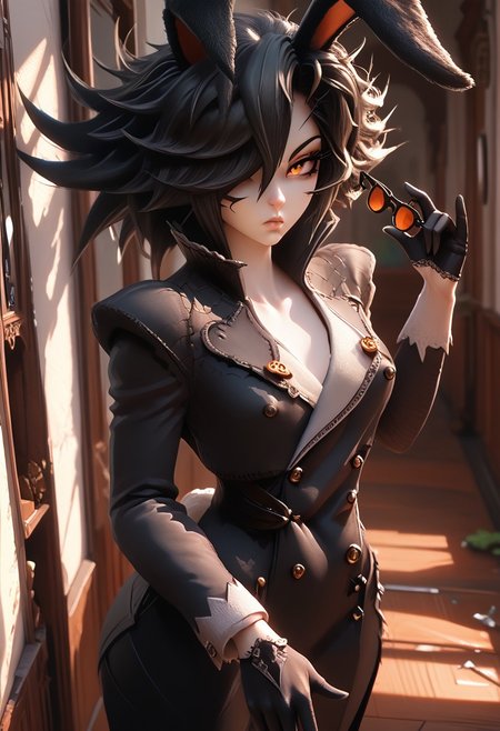 score_9, score_8_up, score_7_up,jovie,
BREAK,rabbit girl,monster girl,dark sclera,(flat breasts),mature woman,serious expression,short black hair,hair over eye,messy hair,(black fluffy rabbit ears:1.3),(pale skin),orange eyes,adjusting gloves,holding sunglasses,(double-breasted suits),elegant clothes,front angle,mansion scenery,indoors,hallway,((imposing vibes)),night time,dynamic lightning,