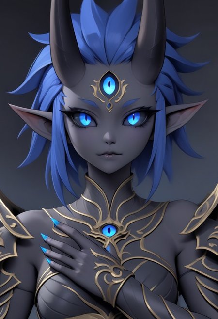 3DMM, te'kharoth, third eye, tail, horns, short hair, messy hair, black sclera, 1girl, blue eyes, armor, crossed arms, upper body, small breasts, ornate armor, fantasy, magical aura, east asian architecture, painted fingernails, sharp fingernails, long fingernails,