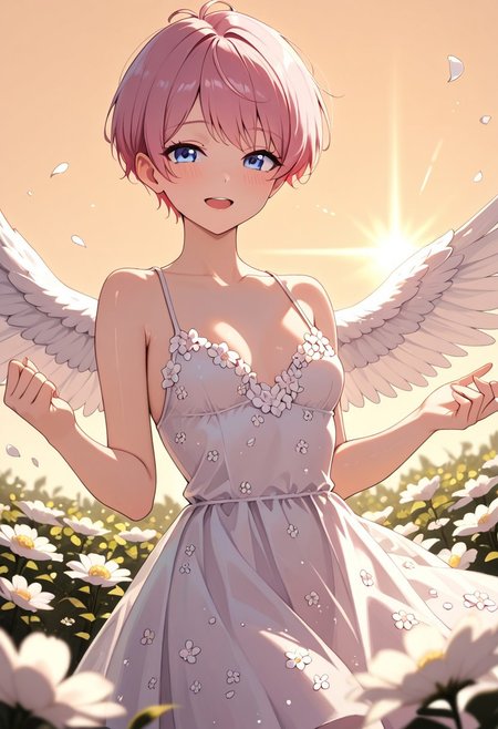 masterpiece, best quality, good quality, very aesthetic, absurdres, newest, 8K, depth of field,  in the style of cknc, artist:moriimee, in the style of cksc, 
1girl, short pink hair, pixie cut, blue eyes, small breasts, firm, flower petal dress, glossy skin, flying mid-air, wings fluttering, giggling, looking at viewer, from front
BREAK
flower garden, petals floating, sunlight beaming
BREAK
dynamic light, warm colors, high contrast, golden hour lighting, rich details, playful atmosphere