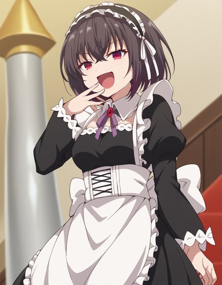 score_9, score_8_up, score_7_up, source_anime, <lora:shary-shadow-assassin-s1-ponyxl-lora-nochekaiser:1>, shary shadow assassin, short hair, black hair, red eyes, bangs, crossed bangs, medium breasts,, dress, apron, maid, maid headdress, frills, detached collar, long sleeves,, pagoda, tall, tiered, Asian, sacred, , <lora:ojou-sama-pose-ponyxl-lora-nochekaiser:1>, ojou-sama pose, laughing, smug, hand to own mouth, open mouth,, looking at viewer, solo,, dutch angle, cowboy shot
