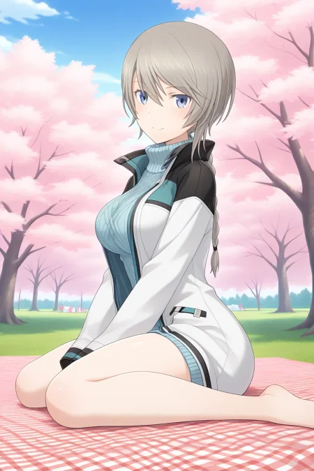 <lora:alicegear_adelaide_ilxl:1>masterpiece, best quality, alicegear_adelaide_ilxl, 1girl, solo, smile, large breasts, Cherry Tree, blue sky,  sitting , picnic sheet, sweater, turtleneck, aran sweater, cable knit, looking at viewer, jacket, turtleneck sweater, ribbed sweater, from side. wariza