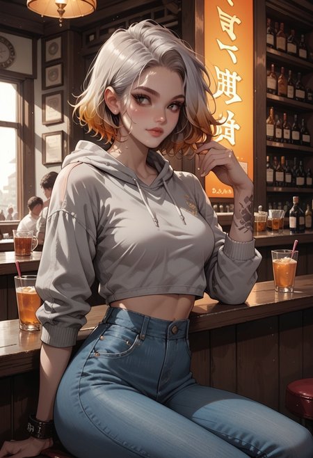 safe_pos, score_9, score_8_up, score_7_up, score_6_up, 1girl, luom4n, Laura, LauraRH, (orange) gradient hair, shoulders length hair, straight hair, platinum hair, dark eyes, cute face, medium breasts, curvy, large hips, pale skin, little wrist tattoo, pinup pose, Dutch angle, front view, bar, detailed background, indoor, sitting in a bar table, cup of tea, grey hoodie, denim pants, looking away, pensive 