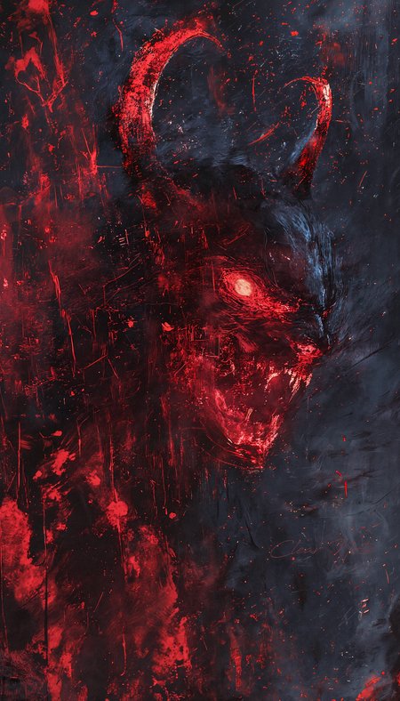 A fearsome, jet-black cyborg looms, its body a labyrinth of gears, wires, and intricate mechanical parts. Red eyes glow ominously from within its demonic form, casting an eerie light as it moves with precision, a terrifying blend of machine and malevolence.