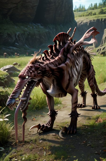 source_furry, score_9, score_8_up, score_7_up, (voretooth_xv, monster, canid, feral), detailed skin, white eyes, teeth, sharp teeth, spikes, claws, tail, <lora:FF_QiongQiPony08:0.8>, outdoors, grasland, standing, look at viewer, angry, zPDXL2, zPDXLpg, zPDXLrl, shaded, best quality, highly detailed, extreme detail, photorealistic