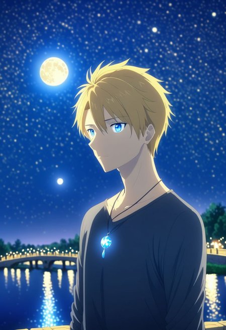 high resolution, solo, best quality, 1Boy, Yamato Ishida, Blond Hair, Blue Eyes, Necklace, depth of field, moon, fantastic night, stary sky, dreamlike, midle of bridge, OverallDetail