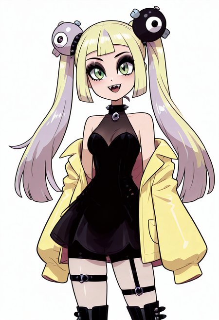 (masterpiece, best quality, good quality, very aesthetic, absurdres, newest:1.2),    medium breasts, (curvy),   BREAK, zzLillie, solo, twintails, eyelashes, hair ornament, (blonde hair:1.3), character hair ornament, sleeveless shirt, yellow jacket, oversized clothes, sleeves past wrists, sleeves past fingers, thigh strap, bike shorts, grey pantyhose, single leg pantyhose, cosplay, boots, grey footwear, iono (pokemon), <lora:LilliePokemon_NAI:1.3>,, two-tone hair, purple hair, makeup, eyeshadow, black lips, dress, black boots, knee boots, spikes, spiked collar, gothic,smile, looking at viewer, cowboy shot,  <lora:VampieNAI:1.0>,