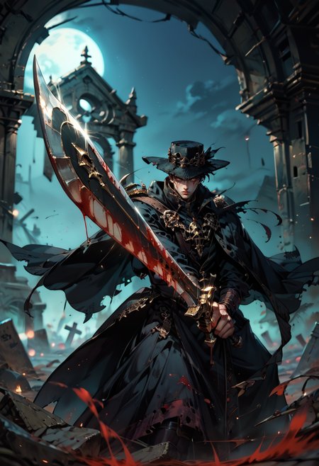score_9, score_8_up, score_7_up,  1boy, hat, gothic, yellow eyes, floating cloak, brave perspective, two-handed, holding sword, serious, focused, ready for battle stance, blood, holding sword, graveyard, night sky, ruins, epic, dramatic, absurdres, light particles, blurry background, dof, death of field, bokeh, dark background, gloomy, CINE
<lora:DetailedEyes_V3:0.5> <lora:add-detail-xl:0.5>     <lora:Brave_perspective:0.8>  <lora:CINE-000009:0.5>