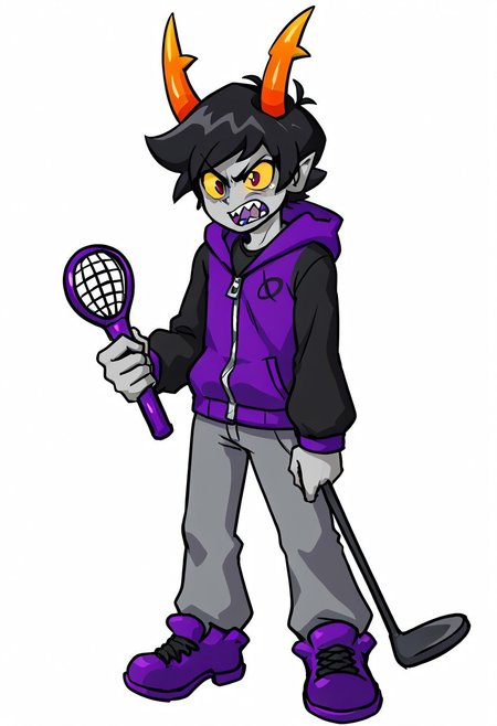 1boy, solo, short hair, black hair, grey skin, yellow sclera, male focus, black hair, colored skin, hood, full body, pants, hoodie, white background, zipped jacket, shoes, grey pants, standing, scared, purple footwear, sharp teeth, troll, purple tears, horns, holding golf club, zipper,
BREAK,
three-quarter view,
BREAK,
fnf