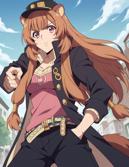 score_9, score_8_up, score_7_up, source_anime, <lora:raphtalia-s3-ponyxl-lora-nochekaiser:1>, raphtalia, long hair, bangs, brown hair, animal ears, raccoon ears, raccoon tail, raccoon girl, pink eyes, medium breasts,, <lora:kujo-jotaro-cosplay-ponyxl-lora-nochekaiser:1>, kujo jotaro cosplay, kujo jotaro (cosplay), gakuran, cosplay, belt, black headwear, black jacket, black pants, high collar, multiple belts, pants, shirt,, street, jojo pose, pointing, hand in pocket, cowboy shot, looking at viewer,, , dutch angle, cowboy shot