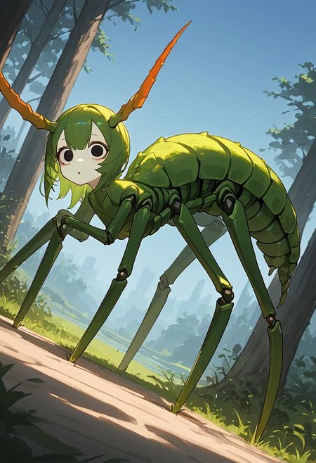 score_9, score_8_up, score_7_up, score_6_up, score_5_up, score_4_up, Expressiveh, (feral insect girl, feral caterpillar girl:1.2), full body shot, rearing up, perky breasts, green caterpillar, open mouth, cute, petite, (arms down at sides), single orange horn, (two-pronged horn), green body, leaves, looking at viewer, ((crawling, slithering, many legs:1.2), big bulbous head, long body, gigantic eyes, expressionless, wide eyes, centipede legs:1.4), black eyes, black irises, (dilated eyes), yellow sclera, big eyes, outdoors, blue sky, sunny day, black stripes, (dutch angle, diagonal view, side view:1.3)