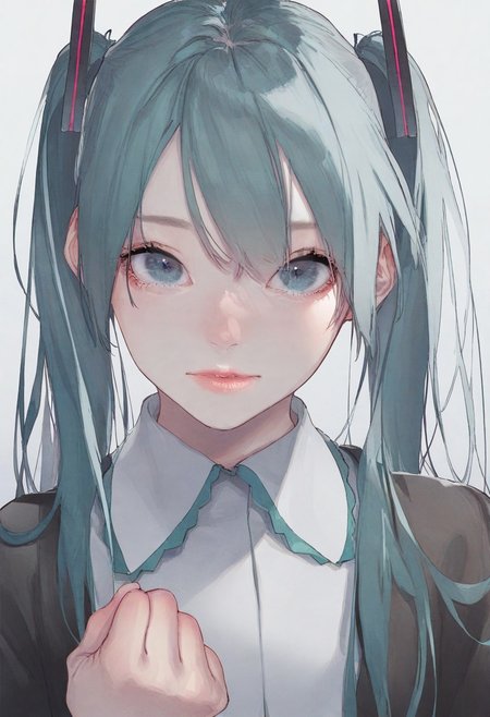 realistic, Sortilege_ST, masterpiece, best quality, very aesthetic, very awa, 1girl, masterpiece, upper body, hatsune miku, , perfect eyes, clenched hand,