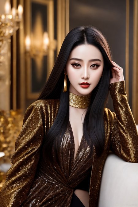 Masterpiece, high quality, 4K, beautiful design, shiny, from the front, award winning photo, extremely detailed, amazing, fine detail, absurdres, highly detailed woman, extremely detailed eyes and face, by lee jeffries nikon d850 film stock photograph 4 kodak portra 400 camera f1.6 lens rich colors hyper realistic lifelike texture dramatic lighting unrealengine trending on artstation cinestill 800 tungsten, solo, 1girl,
fanbingbing, a woman in a black dress and a gold jacket,  wearing fanbingbing fashion, face ultra focus
 <lora:FanFashion:0.825>