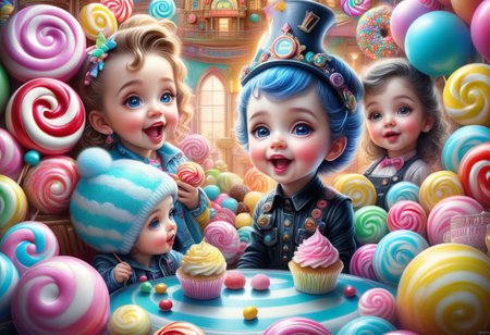 whimsical adorable realistic hyper realistic detailed , hyper detailed coherent faces sharp features, in candy house, industrialpunk  pastel watercolor, hyper detailed, digital painting , backlit, hyperrealistic, octane rendered  bright pastel color, vibrant, cinematic, ornate well rendered, intricate, detailed Abraham Hunter tom wood mark ryden marcus jones, very detailed digital art illustration theater lighting, movie poster quality, center shot, unreal engine 5, sharp focus, ray tracing, hyperdetailed Tomasz Alen Kopera maximalism futuristic 8K polished masterpiece, drone photography