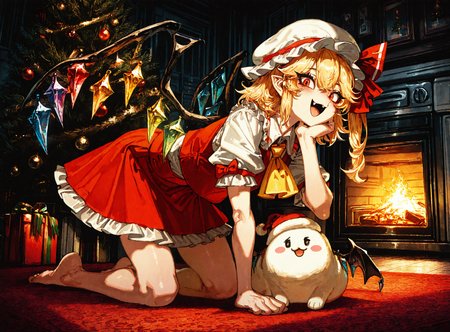1girl,flandre_scarlet, :3, :d ,ascot, barefoot ,blonde_hair ,blush, collared_shirt , crystal_wings, fang, frilled_skirt, frills, hand_on_own_chin ,hat, hat_ribbon, heart ,looking_at_viewer ,mob_cap ,multicolored_wings, open_mouth ,puffy_short_sleeves, puffy_sleeves ,red_eyes ,red_ribbon, red_skirt ,red_vest ,ribbon ,shirt ,short_hair ,short_sleeves,itting ,skir,t skirt_set ,smile, solo, vest ,white_hat, white_shirt ,wings ,yellow_ascot,
chrlib, scenery, indoors, living room, night, oven, christmas tree, christmas ornaments, red carpet,
, Fishine,ireading ,noya_makoto ,quasarcake, retro_artstyle, retro,looking_at_viewer ,
masterpiece, best quality, amazing quality, very aesthetic, absurdres,  newest, <lora:ponyv5_noobE11_1_adamW:0.6>, <lora:add-detail-xl:0.5>, <lora:cfg_scale_boost:0.5>, <lora:retro_scifi_artstyle:0.6>, <lora:USNR STYLE_XL_loha:0.6>, <lora:Christmas living room:0.6>