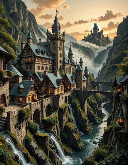 A breathtaking medieval fantasy city nestled in a lush valley, surrounded by towering mountains and dense forests. A grand castle with multiple towers and turrets stands atop a hill, overlooking the town below. The city consists of charming half-timbered houses with glowing windows, perched on rocky cliffs and connected by stone bridges over cascading waterfalls. The river flows through the village, reflecting the warm golden lights of lanterns and torches. Ivy and moss grow over the stone walls, adding to the enchanted, ancient atmosphere. The background features misty mountains with additional fortresses and watchtowers, partially hidden by low-hanging clouds. The sky is illuminated by a soft, warm sunset, casting a golden glow on the scenery, creating a perfect blend of realism and fantasy. Highly detailed, cinematic, and immersive, with a magical, fairy-tale ambiance.
<lora:SDXLFaeTastic2400:0.4> <lora:extremely_detailed:0.4> extremely detailed, ,medieval f4nt4sy c1ty <lora:medieval_f4nt4sy_c1ty-i:1>, Masterpiece,best quality,hi res,8k,hi res,8k,award winning,(sharp focus, intricate, highly detailed),