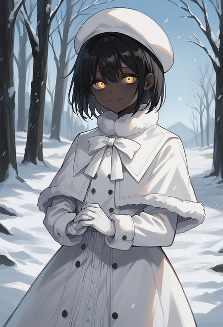masterpiece, best quality, uncensored, source_anime, score_9, score_8_up, score_7_up, score_6_up, score_5_up, score_4_up, 1girl, solo, theprincess, dark-skinned female, very dark skin, black hair, short hair, yellow eyes, white dress, long sleeves, capelet, white bow, white gloves, white coat, fur trim, white headwear, beret, smile, cowboy shot, snow, outdoors, nature <lora:ThePrincess:0.8>