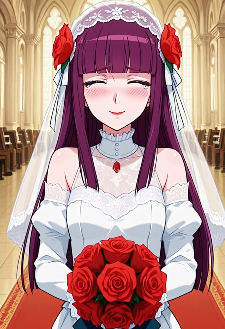 score_9,score_8_up,score_7_up,source_anime,5_figner,2d_animation,game cg,BREKE,1girl,solo,
Loretta Lecarde,purple hair,blunt bangs,hime cut,blue eyes,long hair,red lips.
hair ornament,wedding dress, ribbon, bare shoulders,
 jewelry, hair ribbon, flower, hair flower, 
white dress,rose, veil,red flower, white footwear
bouquet, bridal veil, red rose, holding bouquet,bride,small breast,
front view,lovey-dovey,closed eyes.smile,blush,tears of gratitude,Flower storm,
church,wedding,rice shower,red carpet,upper body,
masterpiece,best qualit,ultra-detailed,illustration,an extremely delicate and beautiful,beautiful detailed eyes,unity 8k wallpaper,high resolution,anime CG,official_art,