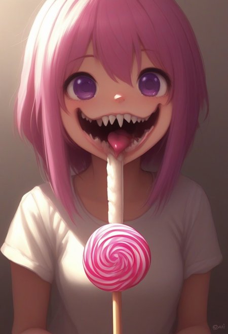 CivChan, purple eyes, pink hair,
(licking a giant lollipop made from teeth, made_from_teef:1.5)