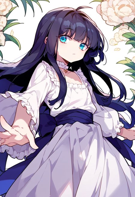 score_9,score_8_up,score_7_up,source_anime,zPDXL3,
*//*,<lora:BlancheFreidkin_v1.1:1>,blanche_freidkin1girl,flat chest,blue eyes,black hair,long hair,hair intakes,ahoge,white dress,
*//*,looking at viewer,cowboy shot,dutch angle,dynamic pose,