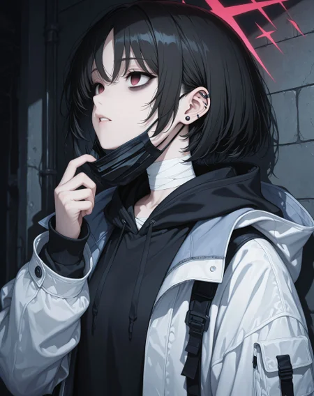 masterpiece, best quality, very aesthetic, detailed face, <lora:Imashino_Misaki_Blue_Archive_ilxl_goofy:1> misakiBA, halo, 1girl, bandaged neck, hood down,  black mask, black hoodie, upper body, empty eyes, mask pull, ear piercing, open clothes, white coat, stud earrings, white jacket, bandages, parted lips, surgical mask, jewelry, mask around neck, hooded coat, open coat, looking up, drawstring, long sleeves, looking ahead, bags under eyes, open jacket, hooded jacket