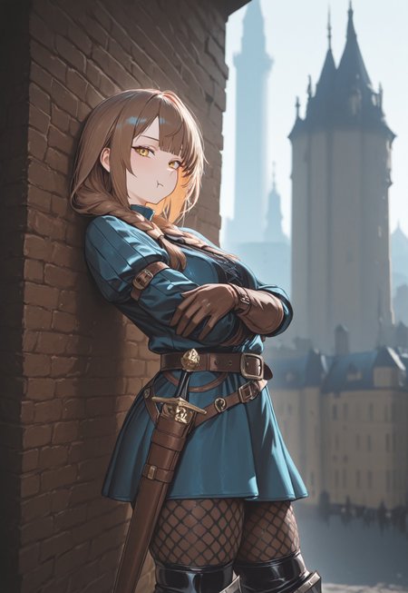 vermis, gothic, female knight, 1girl, solo, from side, brown hair, braids, yellow eyes, blue brigandine, belt, leather gloves, padded leggings, boots, scabbard, looking at viewer, :t, cowboy shot 
BREAK 
outdoors, tower, spire, city, dynamic relaxed pose, leaning against wall, dynamic background, arms crossed
BREAK
masterpiece, best quality, very aesthetic, absurdres, amazing quality, newest, very awa, highly detailed, fine detail, intricate detail, dynamic lighting, volumetric lighting, soft light, perfect lighting, Expressiveh, 