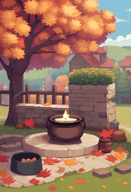 score_9,score_8_up,score_7_up,<lora:pixel_art_a3:1>,animal, autumn_leaves, brick_wall, building, candle, cauldron, cork, day, fence, grass, green_background, jar, lowres, no_humans, outdoors, pixel_art, rabbit, scenery, symbol-only_commentary, table, tree, window