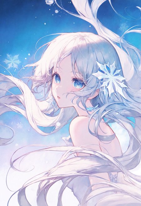 <lora:match2_noob1.1-000190:1>,
1girl, white hair, long hair, solo, upper body, blue eyes, snowflakes, hair ornament, looking at viewer, parted lips, from side, floating hair, blue background, white dress, bare shoulders,
masterpiece,best quality,newest,absurdres,highres,very awa,