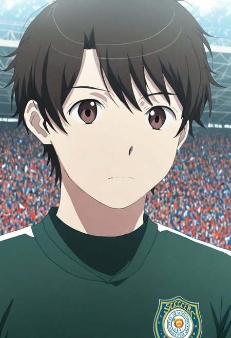 high resolution, solo, best quality, 1Boy, Inaho Kaizuka, Black Hair, Brown Eyes, Soccer , soccer player, field, potrait, sport photography celebration, OverallDetail