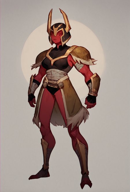 score_9, score_8_up, score_7_up,,  good quality ,, character focus, solo, , best quality , full body,   <lora:looma-10:1>  looma, solo, red skin, armor, 1girl, bandages, shoulder armor, helmet, horns,