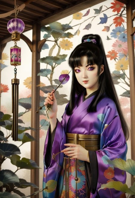 masterpiece,best quality,concept art, (portrait art by Hashiguchi Goyo:0.8) and (Tsuchiya Koitsu:1.3) , detailed art, concept art, Varied (a girl (Tomie Kawakami) with black long hair,hime cut,purple eyes,in a bizzare pavilion with strange plants,wind chime,censer,wall of psychedelic pattern:1.3) , dressed in winter magnificent colorful kimono, Winter, Wide view, Vivid, Spiritual, specular lighting, happy, smile face, right hand up to say hello, 800mm lens, feminine, Surrealism Art,<lora:huyaXLlokr3f:1>, radiant, highly detail, exquisite color, ambient