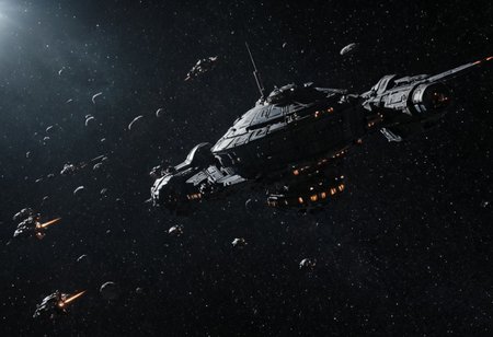 Masterpiece. High quality. Perfect quality. Full body picture from the side of:
Human space fleet traveling through deep space. 
warhammer 40K style
realisticvision-negative-embedding, Movie Still, Film Still, Cinematic, Cinematic Shot, Cinematic Lighting, JuggernautNegative, detailxl.