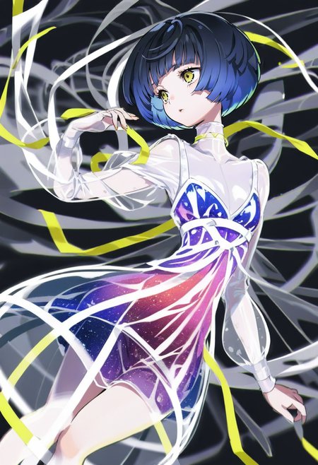 <lora:yoneyamaiXL_il_lokr_V53P1:0.95> 1girl, short hair, solo, bangs, yellow eyes, blue hair, bob cut, dress, black hair, see-through, blunt bangs