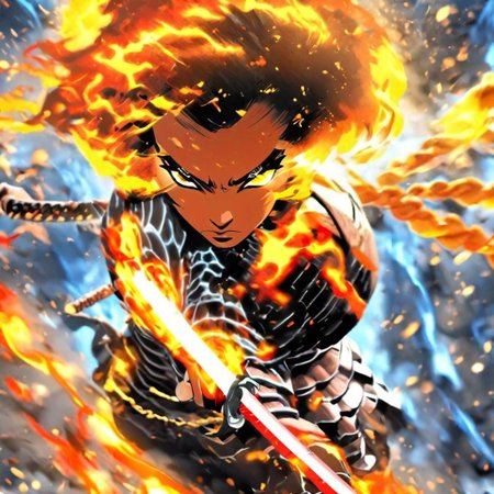 action shot. she was a black woman with intense eyes and a firey passion showing in her swordsmanship. As she stepped into the bar, sword held high, everyone could see her charging up her power attack.