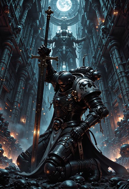 concept art . BlackT40k kneels on one knee, raised giant sword, epic, glorification, heroic, backlit, mythp0rt, <lora:FluxMythP0rtr4itStyle.safetensors:0.5>,  <lora:FluxBlackT40k.safetensors:1.0>,  <lora:The_Dark_Side_Of_The_Future.safetensors:0.33>, <lora:svgvrs_flx_EliPot.safetensors:0.33>,  <lora:ARTifacts.safetensors:0.4>,   . digital artwork, illustrative, painterly, matte painting, highly detailed