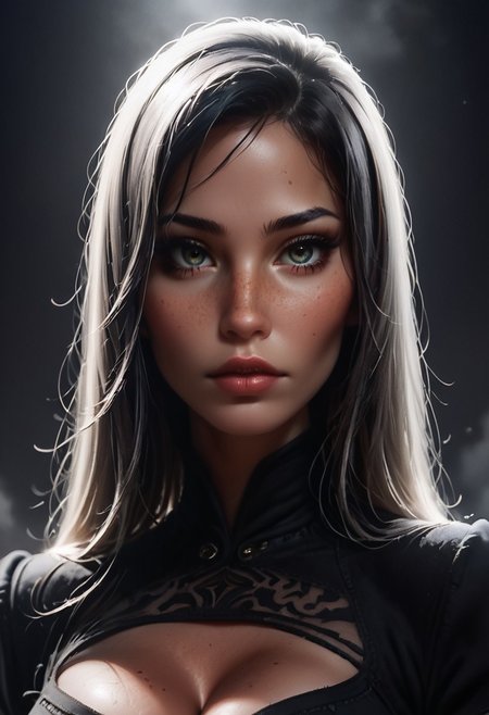 score_9, score_8_up, score_7_up, score, score_8, score_7,, digital painting, best quality, extremely detailed, highest quality, masterpiece,  ultra details, absurdres, 8K,  highly detailed, ultra quality, volumetric lights,  dark and  & dim lighting, 
portrait, 1girl, A2 nier automata, large breasts, cleavage, dark outfit, relaxed , perfect face, round face