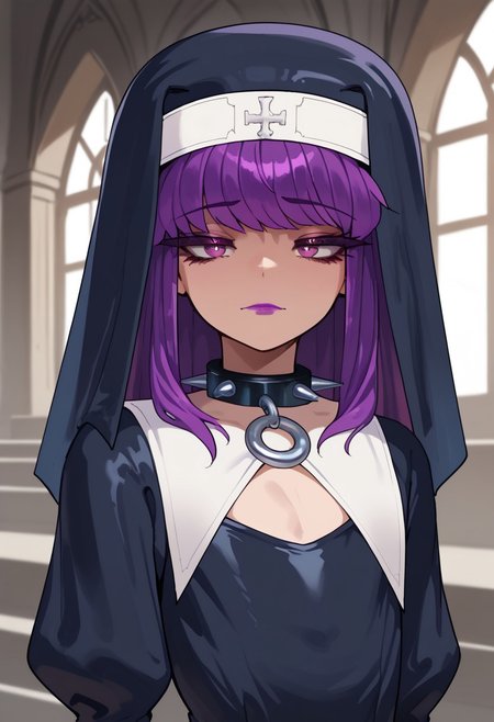 score_9, score_8_up, score_7_up, femboy, purple hair, long hair, bangs, purple eyes, long eyelashes, makeup, purple lips, otoko no ko, nuns veil, black latex gloves, spiked collar, habit, black dress,
flat chest, closed mouth, inside a palace,  solo, upper body, Looking at the viewer
