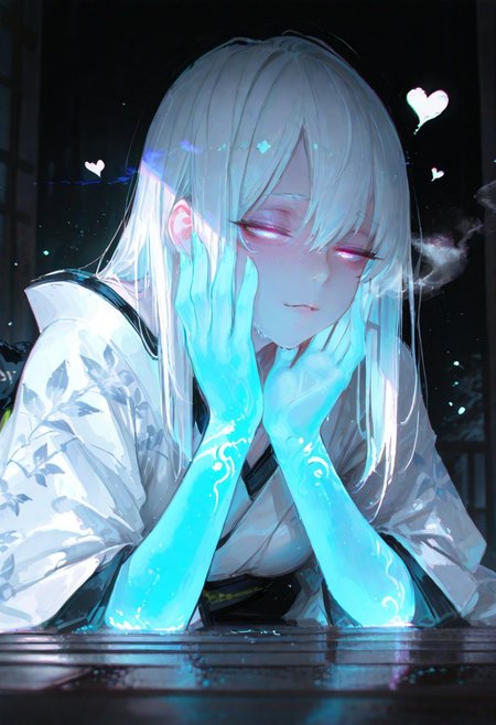 masterpiece, best quality, amazing quality, very aesthetic, absurdres, newest, volumetric lighting, holographic colors, cute, gradient colors, dark background, masterpiece, best quality, amazing quality, very aesthetic, absurdres, newest, volumetric lighting,1girl, (masterpiece, detailed:1.2), wlop
BREAK
nsfw, 
 ambient occlusion, raytracing, soft lighting, blum effect, masterpiece, absolutely eye-catching, particles, glow, shining, intricate cinematic background, (beautiful face),  
BREAK
masterpiece, highly detailed,1girl, perfect body, dynamic pose, 
(sexy, slutty, hot) 
Yuki-Onna, colored skin, blue skin,Long hair, white hair, kimono,
 permed medium hair, looking at viewer, (best quality, amazing quality, very aesthetic, absurdres, good hands), breath, sweaty, eyes smiled, smail, heart in pupils, half-closed eyes, glowing eyes, erotic face, UHD, masterpiece, hyper detail, super detail, anime screencap, whispering