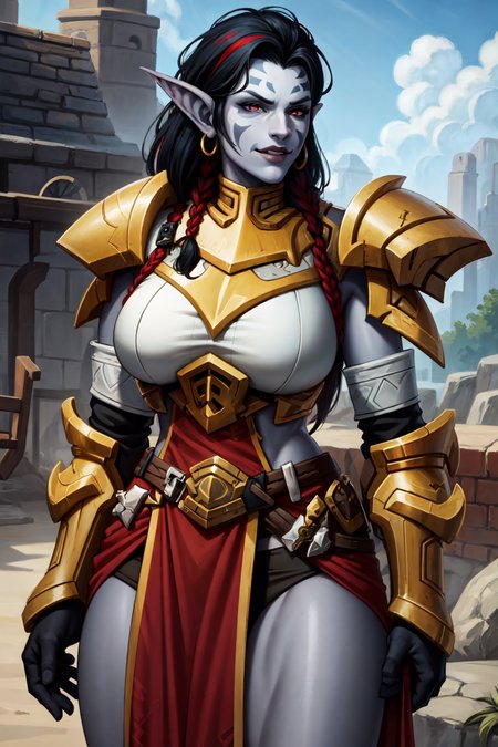 (masterpiece:1.2), (best quality:1.2), perfect face, perfect eyes, volumetric lighting, mature female shewowtroll, black hair, red streaks, grey skin, red eyes, huge breasts, jewelry, feathers, fur, markings, braids, tusks, breastplate, gauntlets, loin cloth, fantasy, outdoor   <lora:sxzTrollsWarcraft_sxzTrolls:0.9>