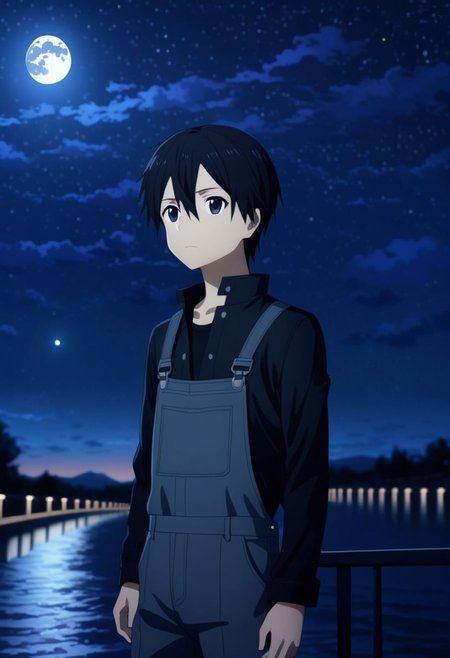 high resolution, professional photography, best quality, 1Boy, Kirigaya Kazuto, Black Hair, Black Eyes, overalldetail, depth of field, bright moon, fantastic night, stary sky, dreamlike, midle of bridge