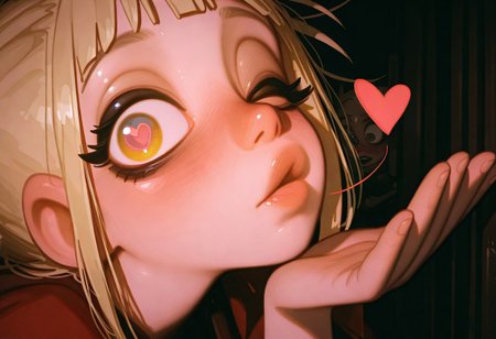 (((High Resolution, Best Quality))), masterpiece, by piaki, perfect mouth, perfect teeth, best quality, very detailed, artist:moriimee, (detailed face), long eyelashes, big eyes, ultra-detailed-eyes, beautiful eyes, detailed eyes, perfect eyes, detailed iris, sharp jawline, detailed background, masterpiece,amazing quality,best quality, good quality, newest, highres ,absurdres, volumetric lighting, gradient color, raytracing, ambient occlusion, very awa, very aesthetic,absurdres, (scenery, volumetric lighting), semi-realistic digital painting, high detail, cinematic character portrait, <lora:bikabaka:0.9> <lora:Illustrious_USA3710_Style_LORA_2:0.25> us4styl3, <lora:Rapscallion_IllustriousV1:0.6> <lora:tomaco_ill:1> <lora:nyalia_NoobXL:0.8>
glossy lips, beautiful eyes, 1 girl, Toga Himiko, blonde hair, fully clothed, indoor, bedroom, Close-up, mouth focus, very close-up, extremly close-up, looking at viewer, blowing kiss, heart, closed mouth,  embarrassed, shy, blush, nose blush, lustful, horny, one eye closed