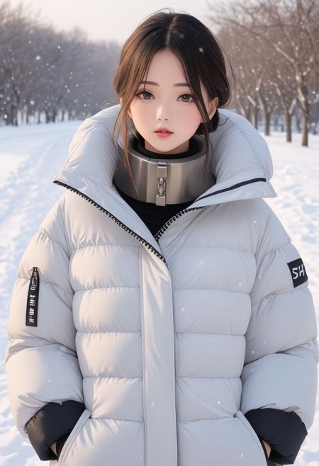 (white oversized down jacket:1.4), (white oversized puffer jacket:1.4), (oversized winter clothes:1.4), (puffer collar:1.4), upper body, pencil medium skirt, girl, winter, very very cold, snow, snowing, (Thick steel padded collar:1.4), (TSH:1.4), (Thick steel padded cuffs:1.4)